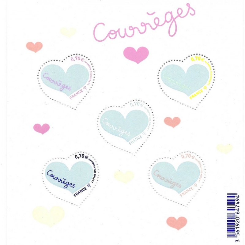 Feuillet de 5 timbres Saint Valentin Cœur Courrèges N°F5026 neuf**.
