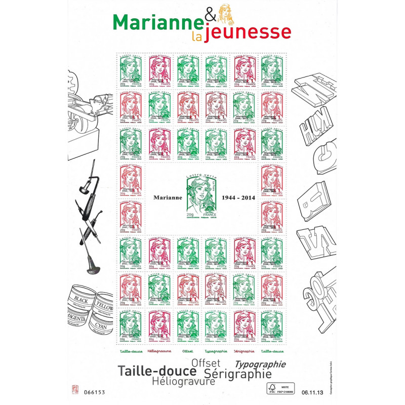 Feuillet multi technique de timbres Marianne et la Jeunesse surchargé N°F4774B.