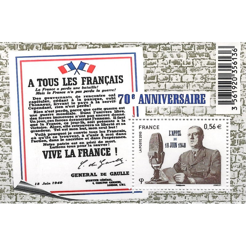 Feuillet de timbre Appel du 18 juin N°F4493 neuf**.