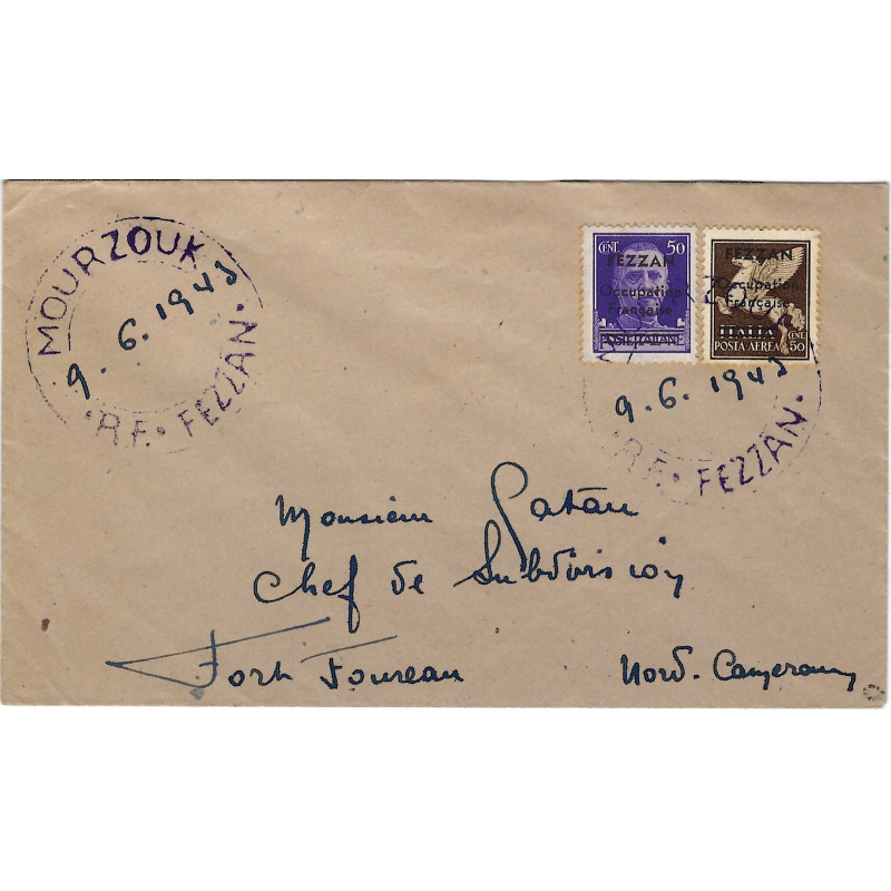 Fezzan R.F. enveloppe de Mourzouk pour Cameroun 1943, R.