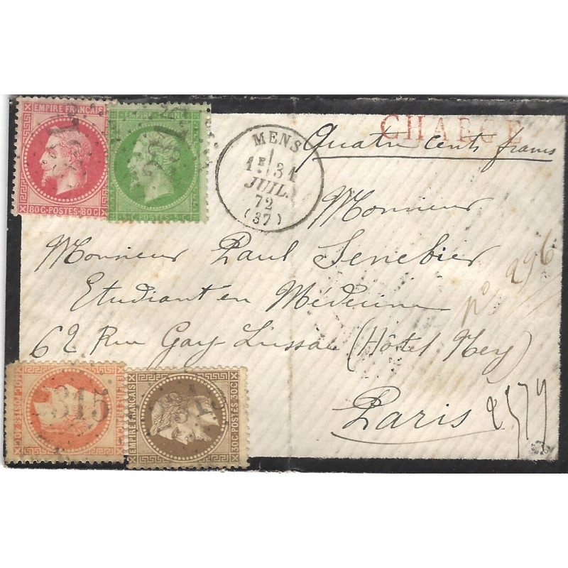 Affranchissement 4 couleurs Empire dentelé sur enveloppe chargée 1872.