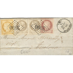 Affranchissement tricolore Cérès dentelé sur pli de Tournay 1874.