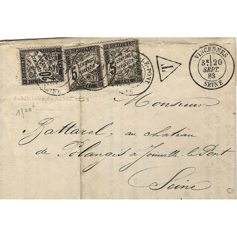 Timbre-taxe N°17 et 14 paire oblitérés sur pli de Vincennes 1883.