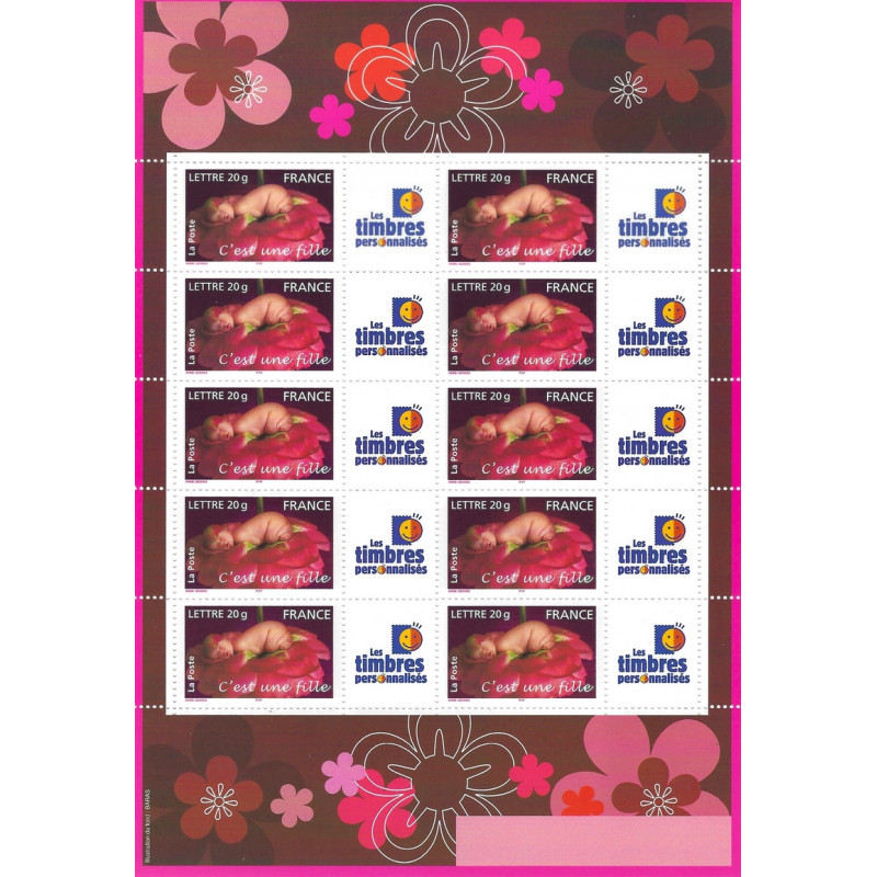 Feuillet de 10 timbres Naissance C'est une fille N°F3804A neuf**.