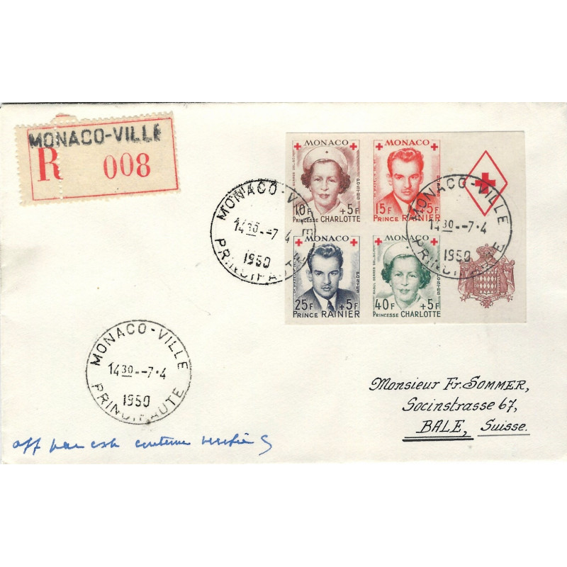 Monaco timbres N°334B-337B bloc de 4 oblitéré sur lettre.