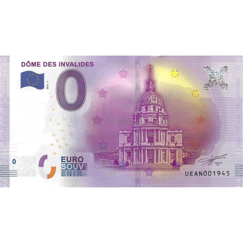 Billet touristique 0 Euro Souvenir – Dôme des Invalides – Paris – 2016.