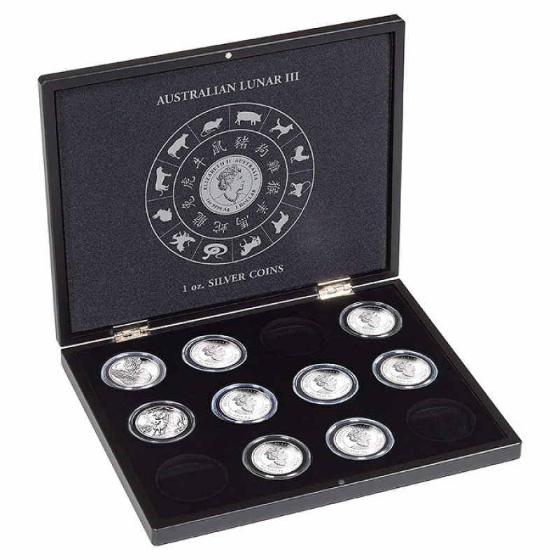 Coffret noir pour 12 monnaies argent LUNAR III en capsules.