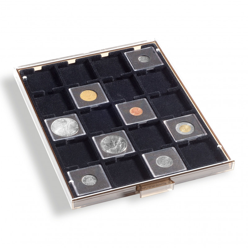 Médaillier numismatique Leuchtturm pour 20 capsules Quadrum, à fond noir.