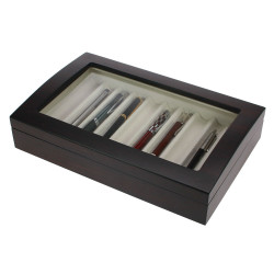 Coffret-vitrine en bois brun pour 10 stylos de collection.