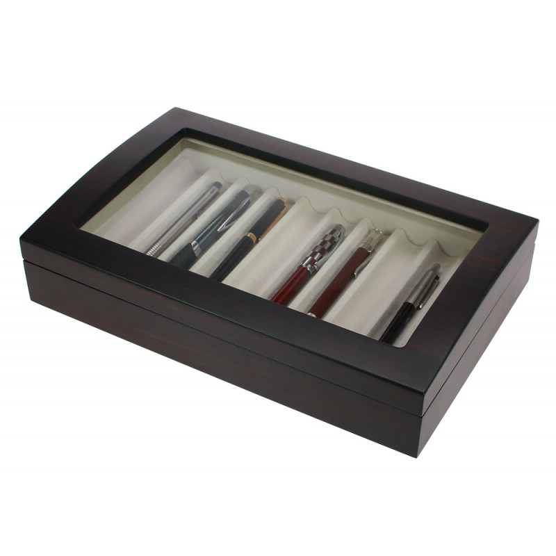 Coffret-vitrine en bois brun pour 10 stylos de collection.