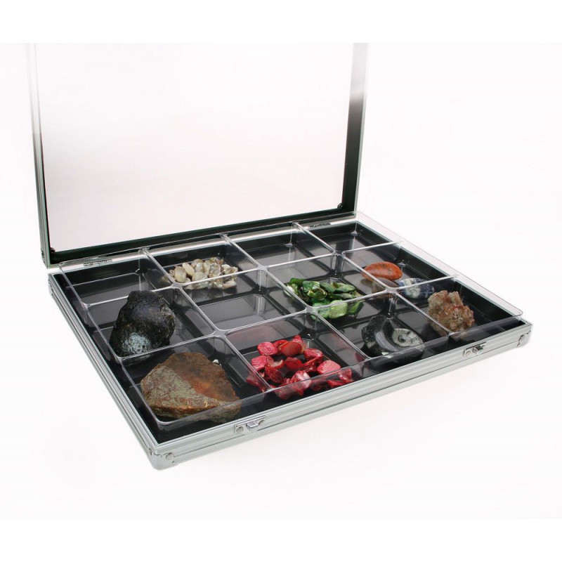 Vitrine en aluminium avec 12 cases pour objets de collection.