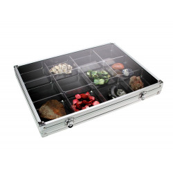 Vitrine en aluminium avec 12 cases pour objets de collection.