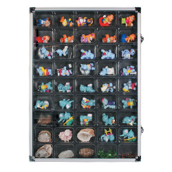 Vitrine en aluminium avec 45 cases pour objets de collection.