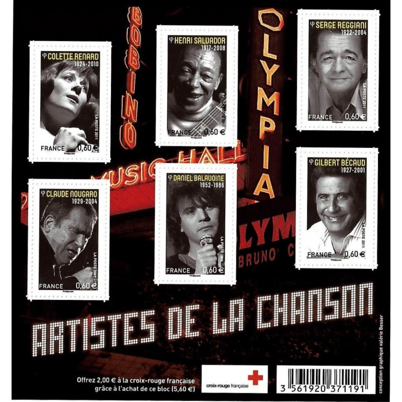 Feuillet de 6 timbres Artistes de la chanson N°F4605 neuf**.