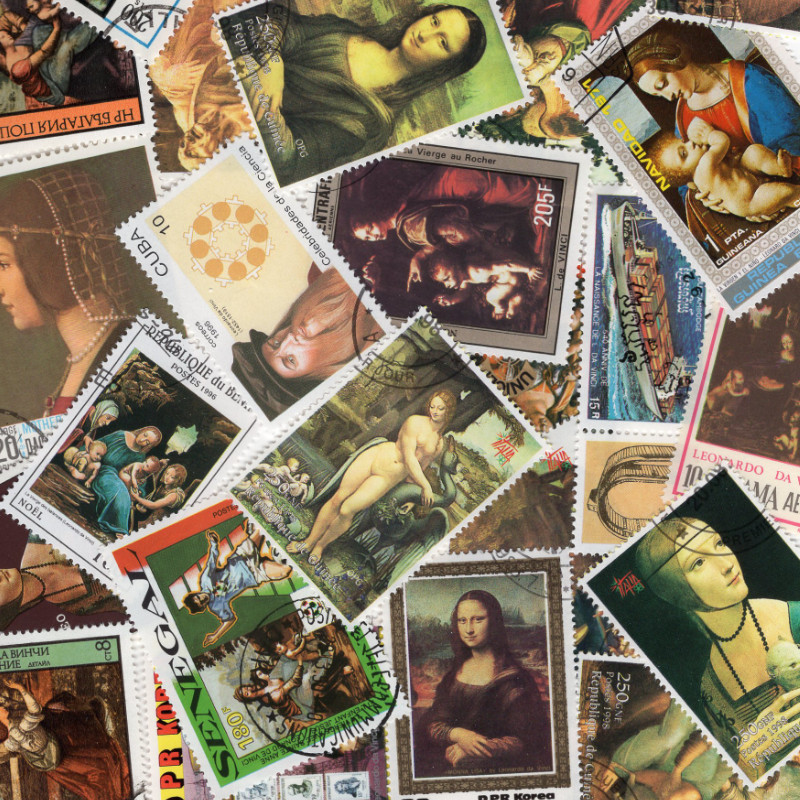 Léonard de Vinci 25 timbres thématiques tous différents.