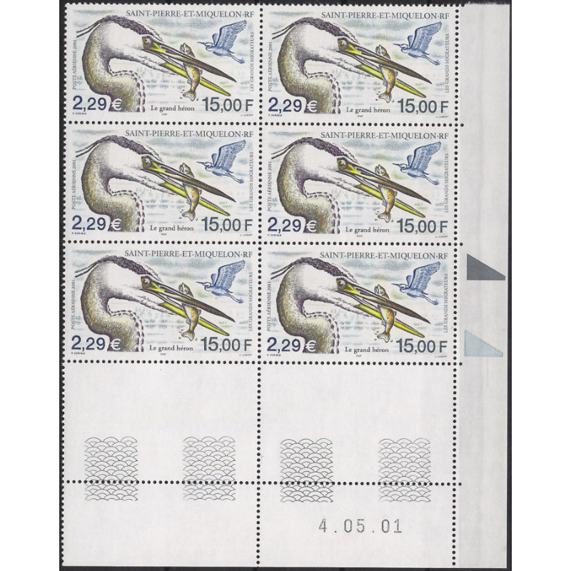 Saint Pierre et Miquelon timbre poste aérienne N°81 bloc de 6 coin daté neuf**.
