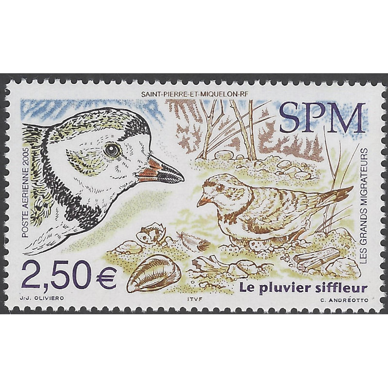 Le pluvier siffleur timbre poste aérienne de Saint Pierre et Miquelon N°85 neuf**.