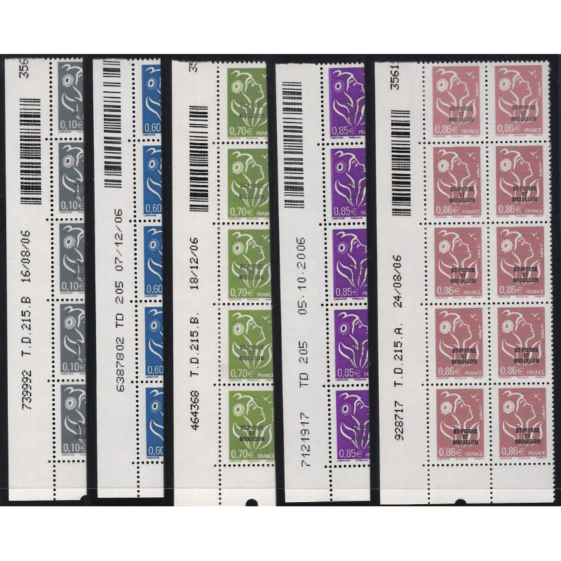 Timbres de Saint Pierre et Miquelon N°886-890 en bloc de 10 coins datés neuf**.