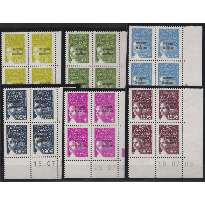 Timbres de Saint Pierre et Miquelon N°800-805 en bloc de 4 coins datés neuf**.
