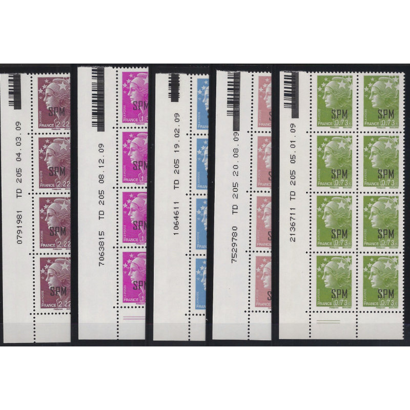 Timbres de Saint Pierre et Miquelon N°967-971 en bloc de 8 coins datés neuf**.