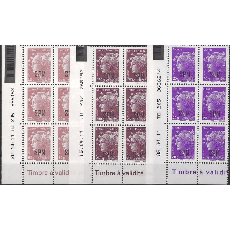 Timbres de Saint Pierre et Miquelon N°1030-1032 en bloc de 6 coins datés neuf**.