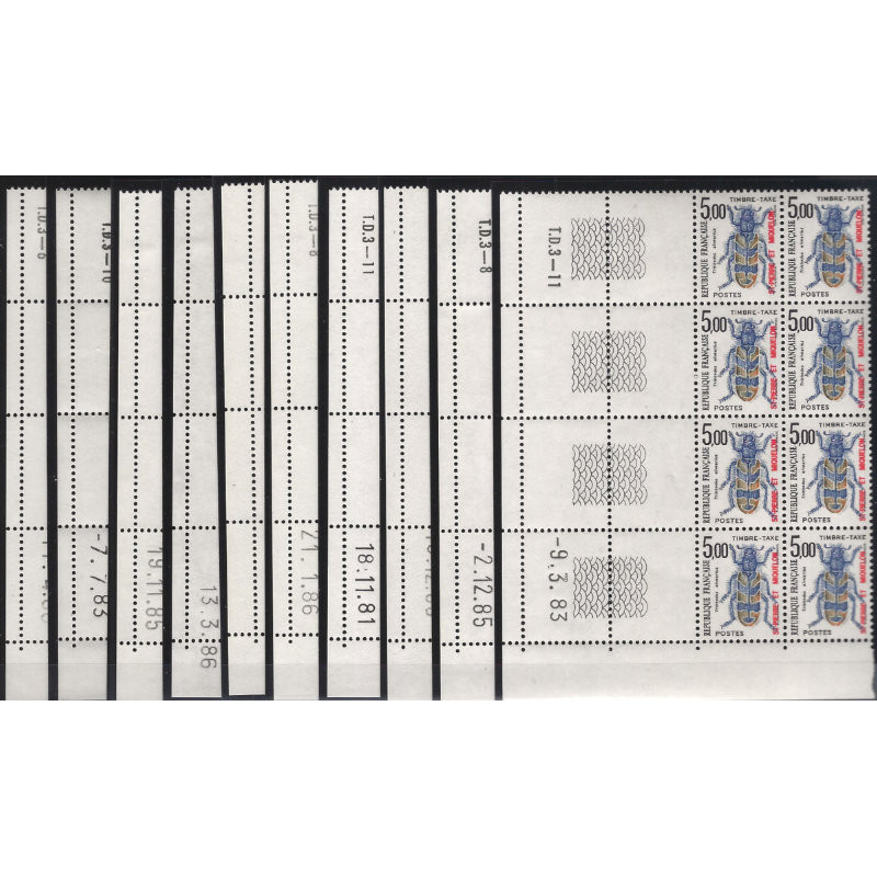 Timbres-taxe de Saint Pierre et Miquelon N°82-91 série en blocs coin daté neuf**.