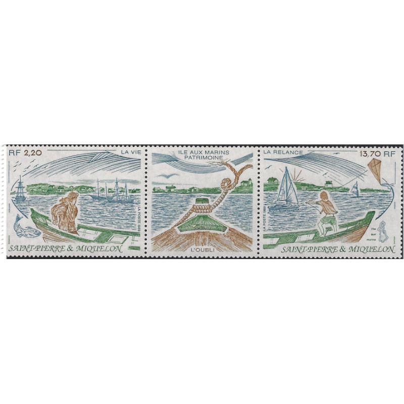 L'ile aux marins timbres de Saint Pierre et Miquelon N°509 triptyque neuf**.
