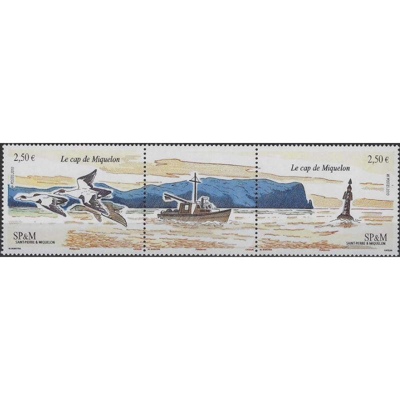 Le cap de Miquelon timbres de Saint Pierre et Miquelon N°974-975 en triptyque neuf**.