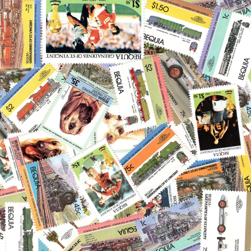 Bequia 25 timbres de collection tous différents.