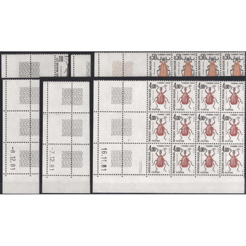Coléoptères timbres-taxe N°103-108 en blocs de 12 coins datés neuf**.