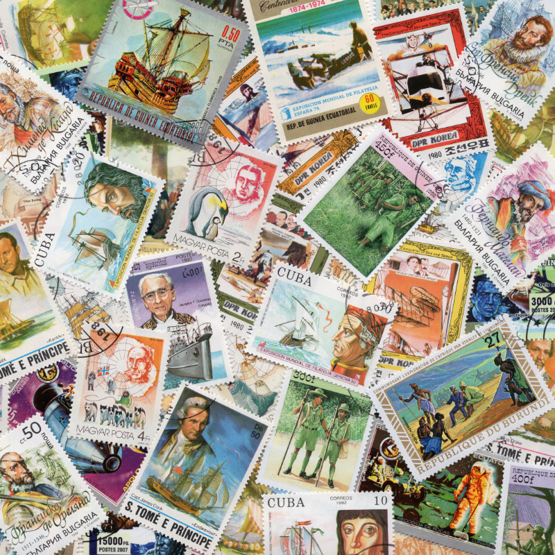 Explorateurs 50 timbres thématiques tous différents.