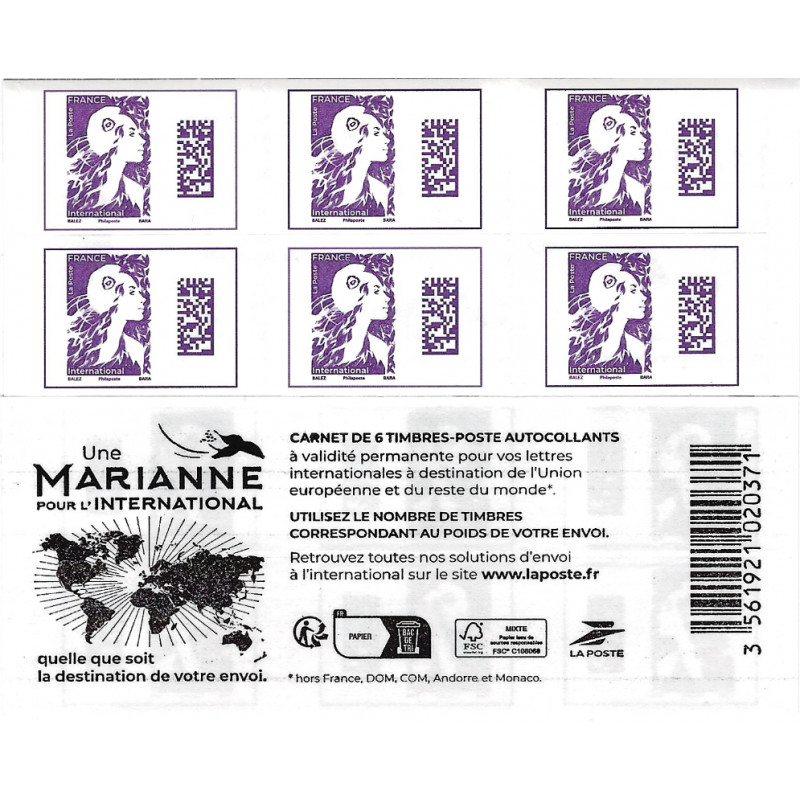 Carnet de 6 timbres Marianne de l'avenir - lettre internationale - Datamatrix.