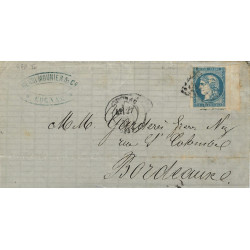 Bordeaux timbre de France N°44A grand bdf oblitéré sur pli de Cognac 1871.