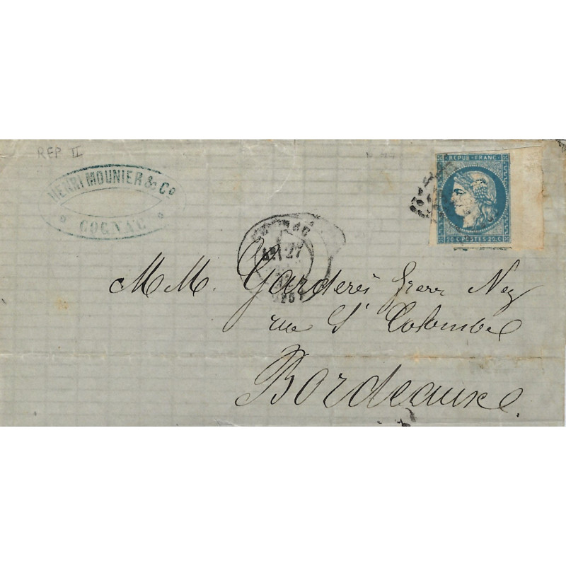 Bordeaux timbre de France N°44A grand bdf oblitéré sur pli de Cognac 1871.