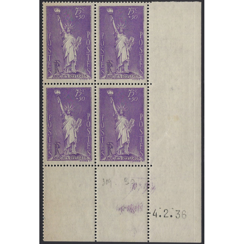 Bartholdi timbre de France N°309 bloc coin daté neuf**.