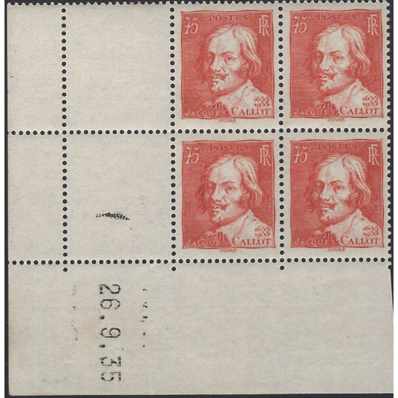 Jacques Callot timbre de France N°306 bloc coin daté neuf**.