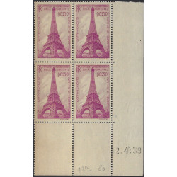 Tour Eiffel timbre de France N°429 bloc coin daté neuf**.