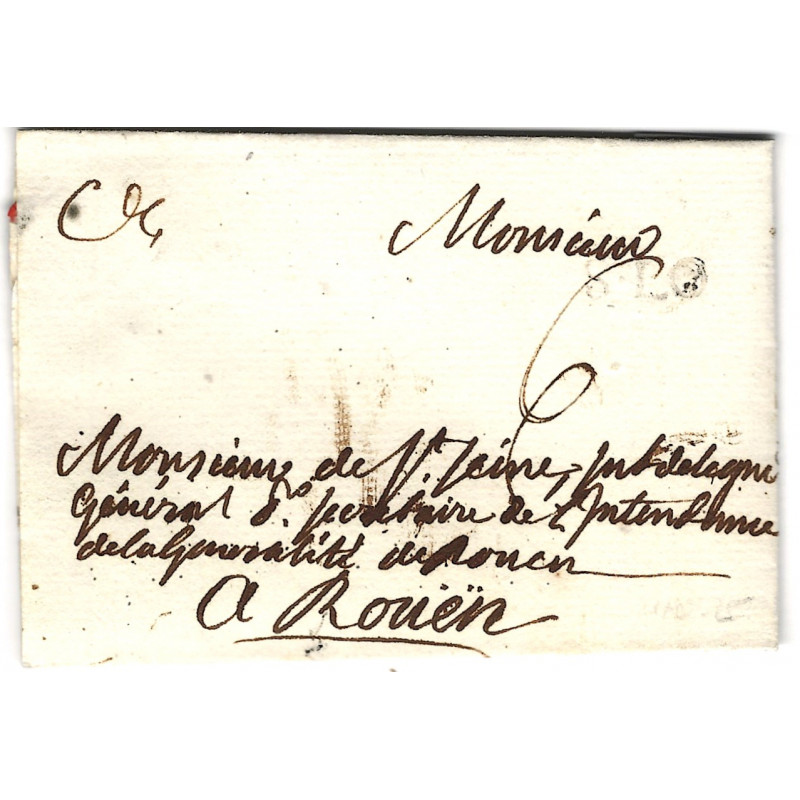 Timbre noir S. LO (Saint-Lô) sur lettre pour Rouen 1771.