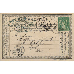 Sage timbre N°65 oblitéré sur carte postale de Lyon 1877.