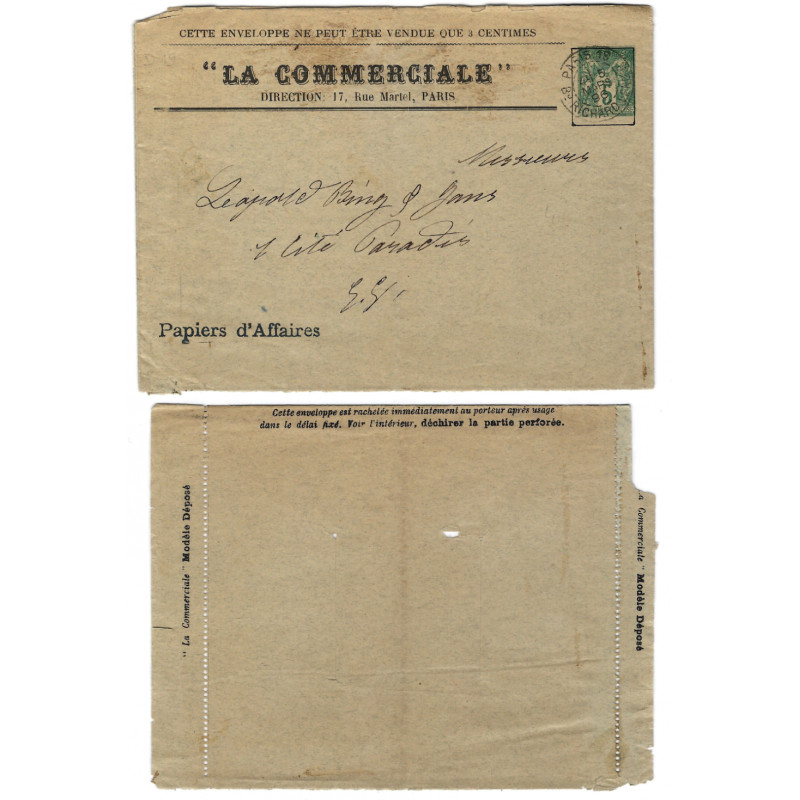 Enveloppe lettre annonce TSC type Sage 5c. La Commerciale. RR