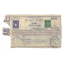 Mandat poste Semeuse lignée verte + Sage avec globe, 1945.