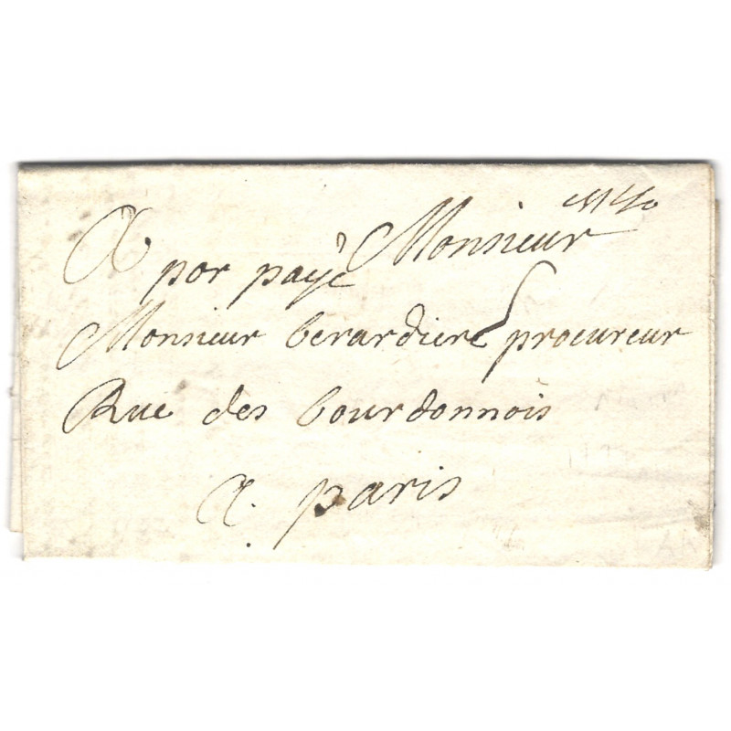 Marque manuscrite "por payé" sur lettre de St Lo datée de 1722.