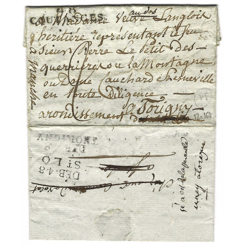 MP 48 / COUTANCES sur lettre avec 2 marques de déboursé 1814, R.