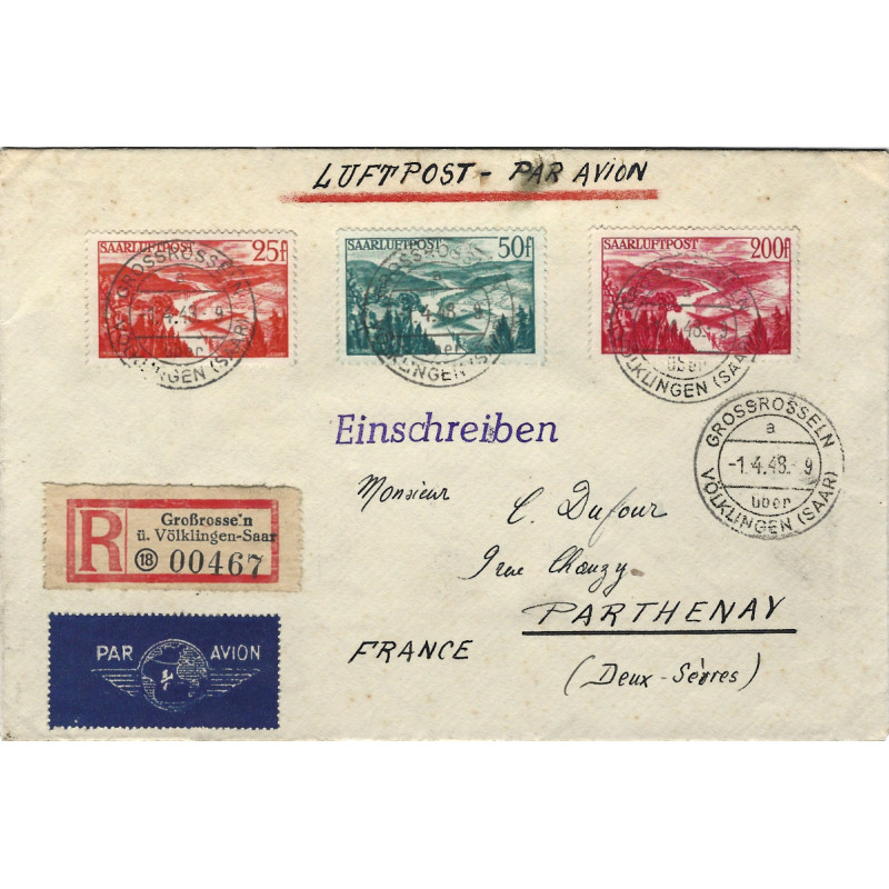 Sarre timbres poste aérienne N°9-11 oblitérés sur lettre