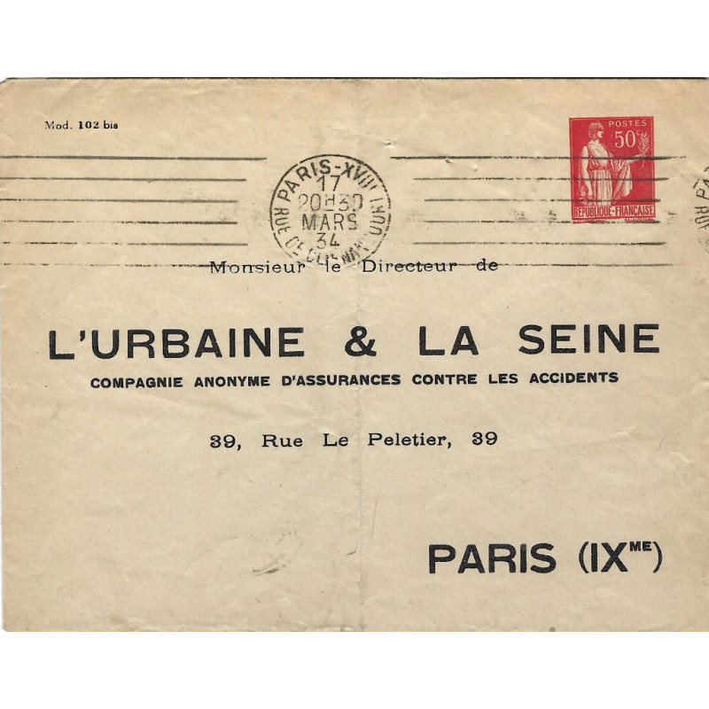 Enveloppe TSC 50c Paix "L'Urbaine et la Seine" 1934.