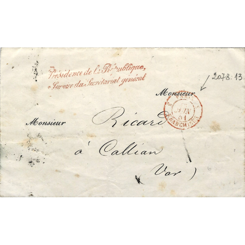 MP Franchise Présidence de la République sur pli pour Callian 1851.