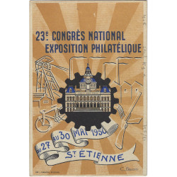 Carte postale Gandon 12f. outremer repiqué Expo philatélique St. Etienne 1950.