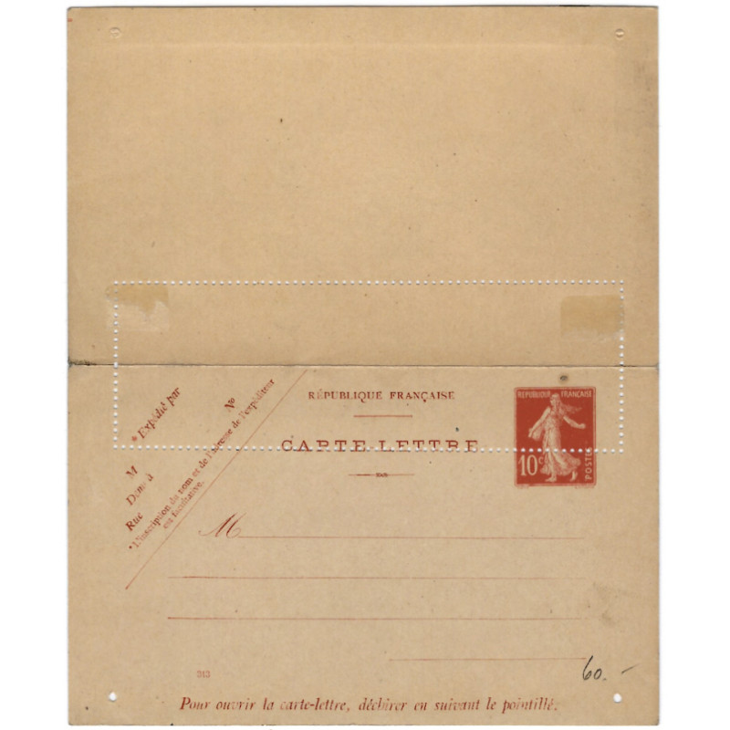 Carte-Lettre type Semeuse Camée 10 fr. rouge variété de piquage. R