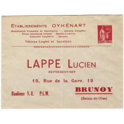 Enveloppe type Paix 50c rouge repiquage privé "Etablissement Oyhénart" R.