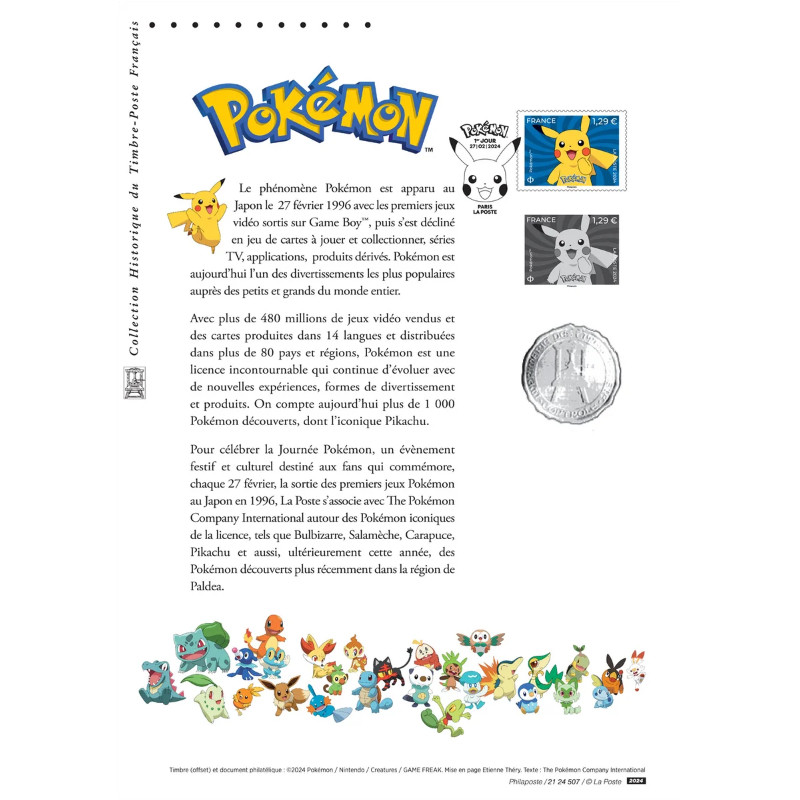 Document philatélique Pokémon Pikachu premier jour d'émission 2024.